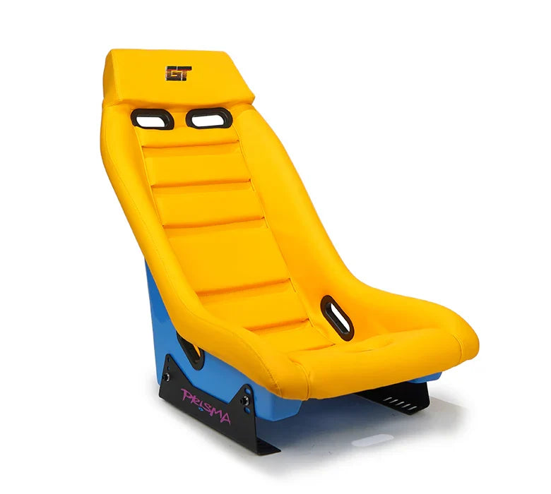 NRG GT Retro Bucket Seat - Yellow PVC Leather Yellow Stitching Off-White Fiberglass Back