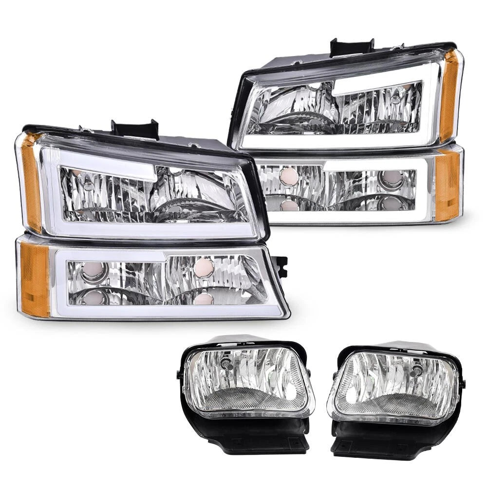 FIT FOR 2003-2006 CHEVY SILVERADO LED DRL CHROME HEADLIGHTS+BUMPER FOG LIGHTS