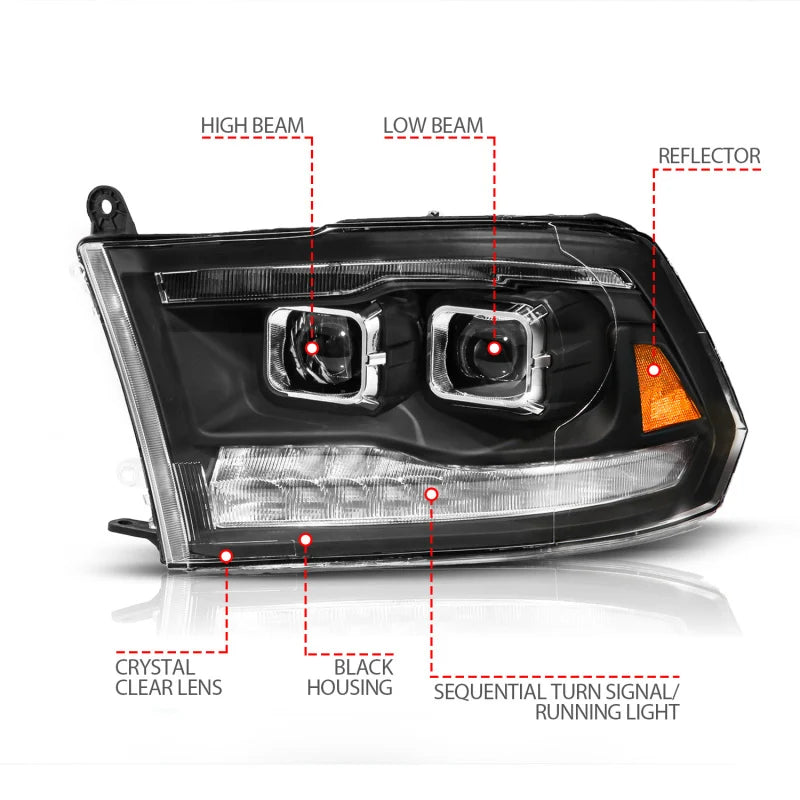 ANZO 09-19 Dodge RAM 1500 / 10-18 2500/3500 LED Proj Headlights SeqSig Black - Pair