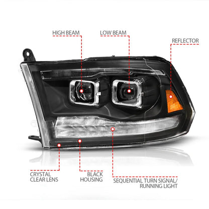 ANZO 09-19 Dodge RAM 1500 / 10-18 2500/3500 LED Proj Headlights SeqSig Black - Pair