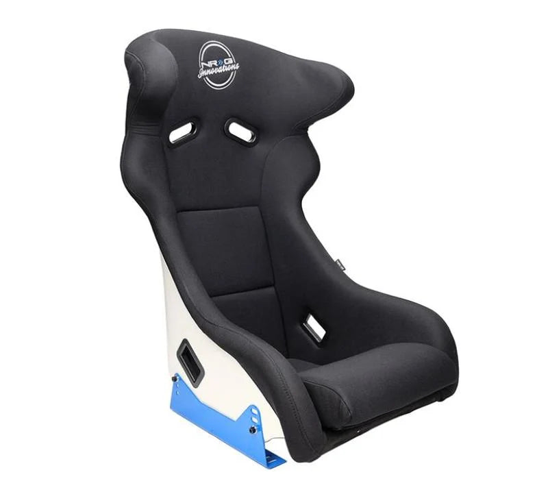 NRG FRP Bucket Seat - White Finish with Arrow Embroidery And Blue Side Mount Bracket Each (1)