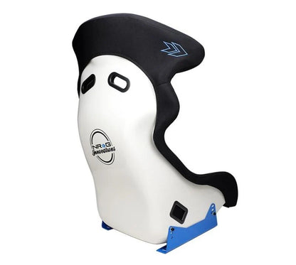 NRG FRP Bucket Seat - White Finish with Arrow Embroidery And Blue Side Mount Bracket Each (1)
