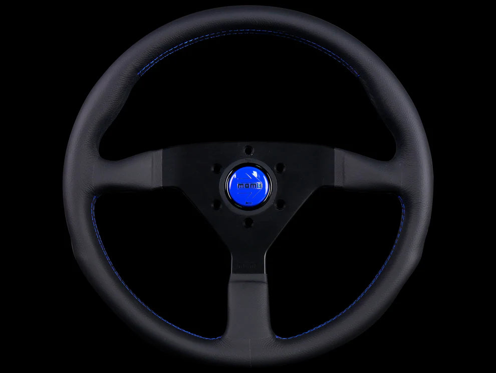 Momo Monte Carlo Steering Wheel - Black Leather w/ Blue Stitch
