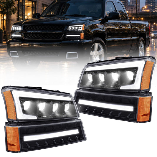4 Projector LED DRL Amber Turning Headlights set for 2003-2006 Chevy Silverado