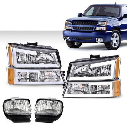 FIT FOR 2003-2006 CHEVY SILVERADO LED DRL CHROME HEADLIGHTS+BUMPER FOG LIGHTS