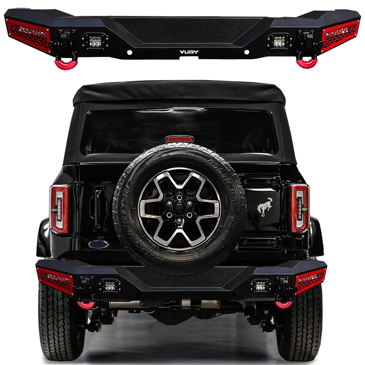Vijay FIit 2021-2025 Ford Bronco Black Steel Rear Bumper With LED Lights&D-Ring