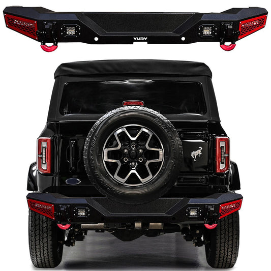 Vijay FIit 2021-2025 Ford Bronco Black Steel Rear Bumper With LED Lights&D-Ring
