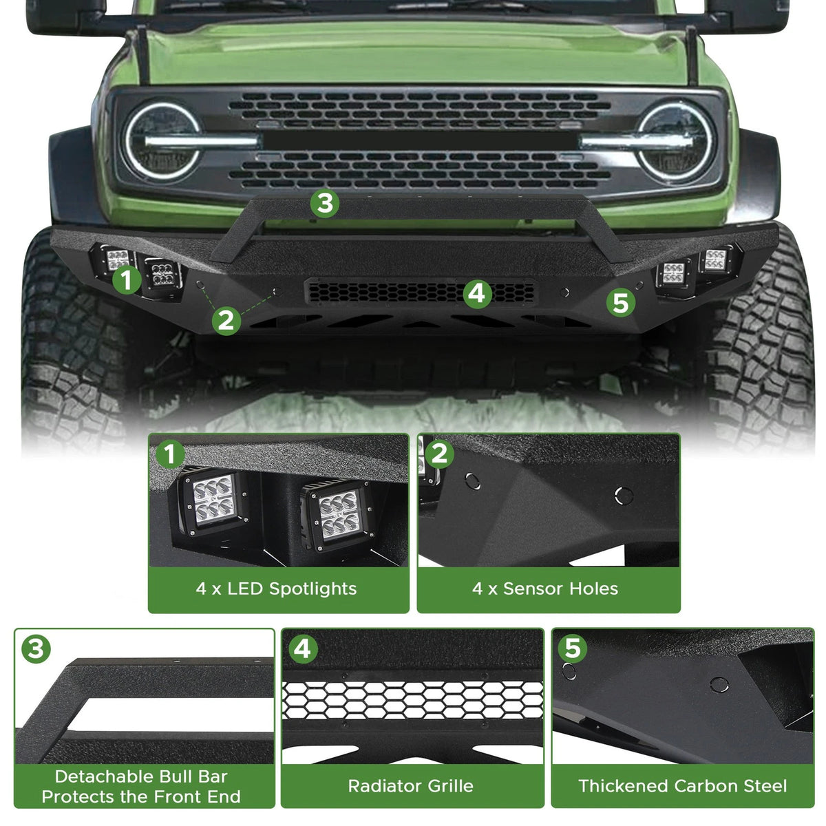 Off Road Front Bumper Fit for Ford Bronco 2021-2025 W/4 Lights W/Sensor Holes
